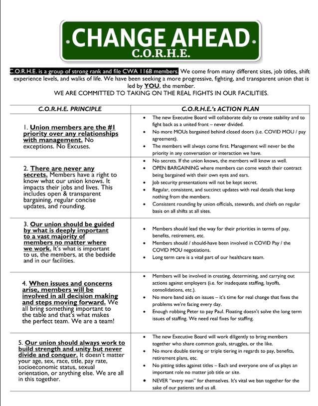 Original C.O.R.H.E. flyer: Change Ahead: Our Principles & Action Plan, page 1. A summary appears above.